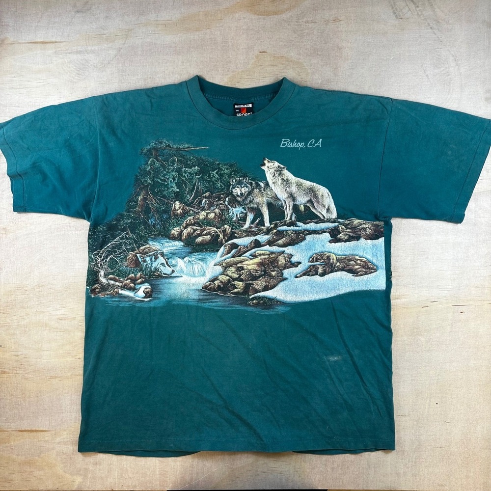 Vintage Signal Sport Wolf Graphic T-Shirt XXL Teal Green Bishop CA Double Sided